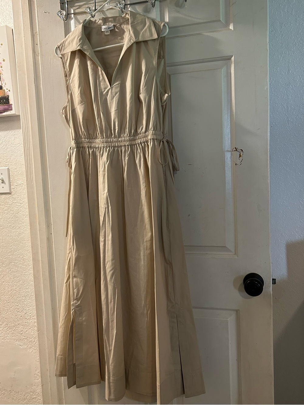 Calvin Klein Beige Maxi Dress with Collared V-Neck